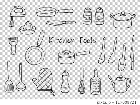 キッチンツールのイラストセット（手描き）モノクロ 117009721