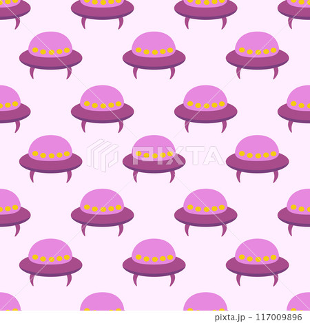 Alien purple spaceship, spacecrafts and UFO Seamless Pattern. Cosmic ship in form saucer for transportation. Children design. Vector cartoon flat illustration. Alien purple spaceship, spacecrafts and UFO Seamless Pattern. Cosmic ship in form saucer for transportation. Children design. Vector cartoon flat illustration. 117009896