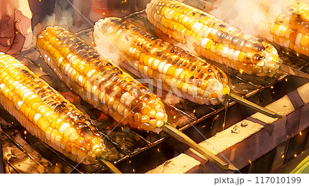 香ばしくて美味しそうな焼きとうもろこしのイラスト 117010199