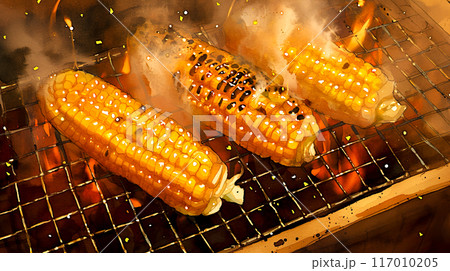 香ばしくて美味しそうな焼きとうもろこしのイラスト 117010205
