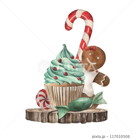 Wooden stand, cupcake, gingerbread, lollipop, candy, Christmas sweets. The illustration is painted in watercolor on a white background. For holiday design, New Year's cards, invitations, tableware. 117010508