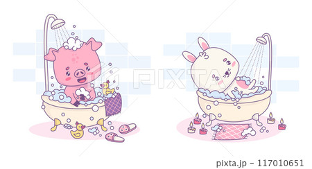 Cute bunny and pig bathes, rests in bubble bath. Isolated whimsical relaxed in bathroom is shower cartoon kawaii animals character. Vector illustration. Kids collection Cute bunny and pig bathes, rests in bubble bath. Isolated whimsical relaxed in bathroom is shower cartoon kawaii animals character. Vector illustration. Kids collection 117010651