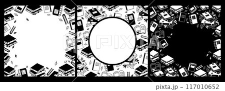 Autumn time cards. Books, notebooks and stacks of folded literature with leaves. Isolated square autumnal poster in hand drawn doodle style with empty space for text. Vector illustration 117010652