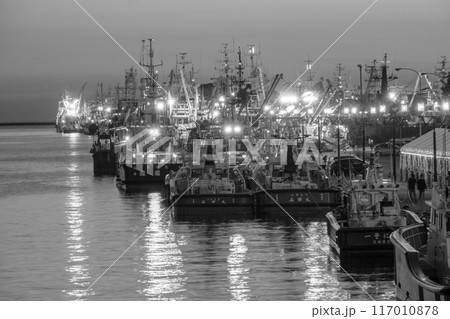 夕日に照らされる船 白黒 夕日に照らされる船 白黒 117010878