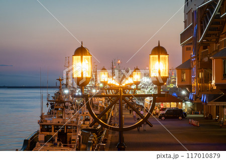 夕日に染まる海辺の街灯 117010879