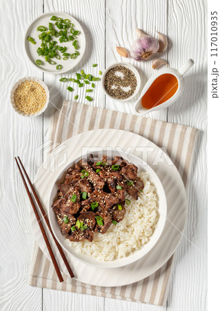 Bulgogi, Korean BBQ Beef with rice, top view 117010935