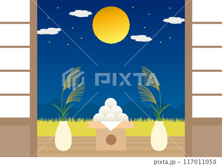 お月見をイメージした満月と月見団子と花瓶にさしたススキのイラスト_横 117011058