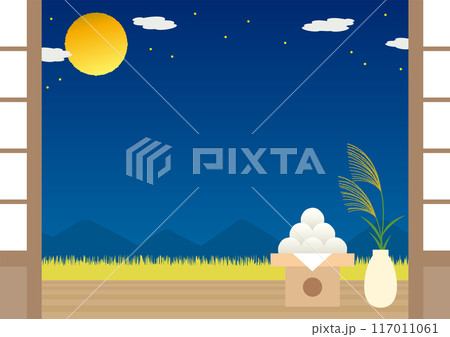 お月見をイメージした満月と月見団子と花瓶にさしたススキの背景_横_2 117011061