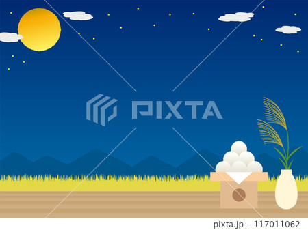 お月見をイメージした満月と月見団子と花瓶にさしたススキの背景_横 117011062