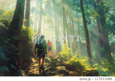 光が差す森林の山道を歩く登山者 117011066