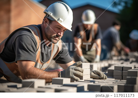 Skilled Construction Worker in White Helmet on a Private Residential Housing Project. created with Generative AI 117011173