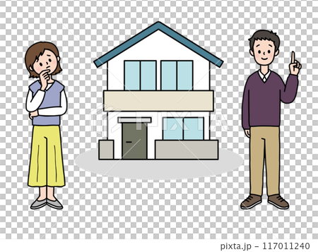 A woman with a worried expression and a man with a satisfied expression at his home 117011240