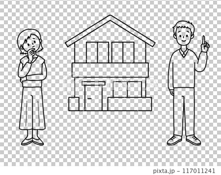 A woman with a worried expression and a man with a satisfied expression, my home, line drawing 117011241