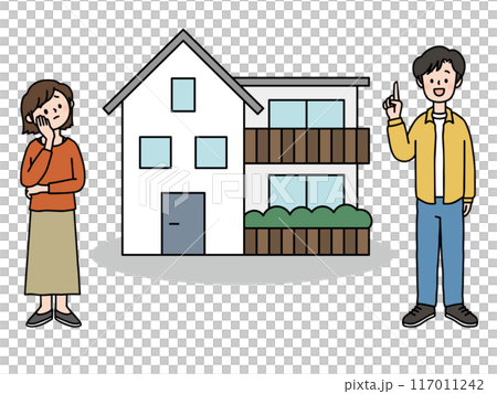悩んでいる表情の女性と納得している表情の男性・マイホーム 悩んでいる表情の女性と納得している表情の男性・マイホーム 117011242