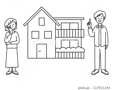 悩んでいる表情の女性と納得している表情の男性・マイホーム・線画 117011243