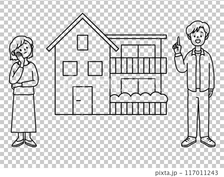 悩んでいる表情の女性と納得している表情の男性・マイホーム・線画 117011243