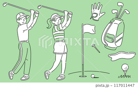 ゴルフスイングする男女のシンプルなイラスト 117011447