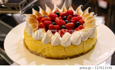 Beautiful multicolored decorated baked sweet tasty party cakes or catering cakes for party, bar dessert selection with cake, pie and pastries catering banquet, coffee break buffet at a conference 117011536