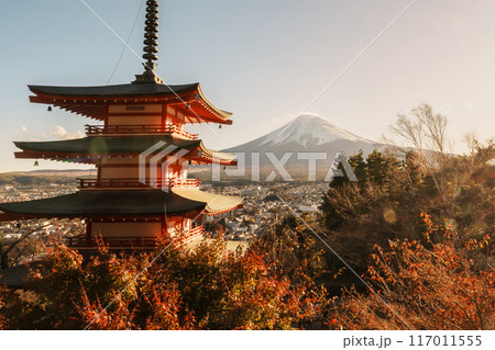 Mount Fuji view at Chureito Pagoda in Autumn season, Mt Fujisan in Arakurayama Sengen Park, Yamanashi, Japan. Landmark for tourists attraction. Japan Travel, Destination, Vacation and Mount Fuji Day Mount Fuji view at Chureito Pagoda in Autumn season, Mt Fujisan in Arakurayama Sengen Park, Yamanashi, Japan. Landmark for tourists attraction. Japan Travel, Destination, Vacation and Mount Fuji Day 117011555