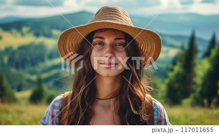 Portrait of young woman in summer hat. 117011655