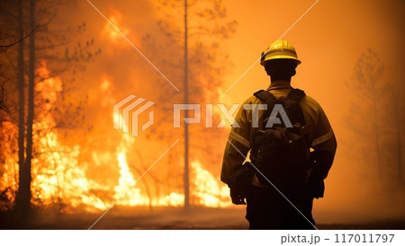 A firefighter watches as flames consume a building, bravely battling the blaze. 117011797