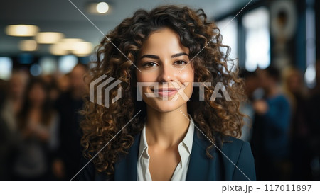 Confident businesswoman with curly hair smiling at the camera. She is wearing a suit jacket and stands in a busy corporate environment. 117011897