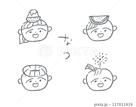シンプルな線画のかわいい子どものイラストセット(なつ/モノクロ) 117011919