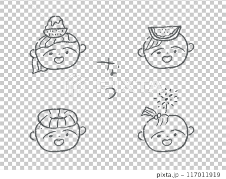 シンプルな線画のかわいい子どものイラストセット(なつ/モノクロ) 117011919