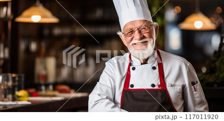Portrait of a smiling senior chef in a restaurant kitchen. He is wearing a white chef's uniform and hat and looking at the camera. 117011920