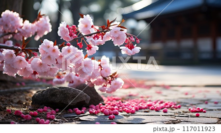Beautiful pink cherry blossom flowers on branches during Spring season in Japan. Closeup view with blurred background. 117011923