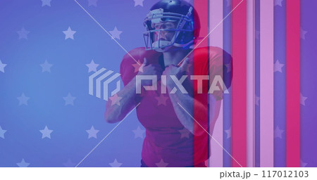 Image of caucasian american football player and flag of usa Image of caucasian american football player and flag of usa 117012103