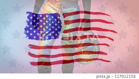 Image of caucasian american football player and flag of usa Image of caucasian american football player and flag of usa 117012158
