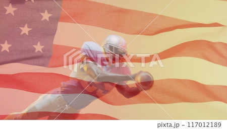 Image of caucasian american football player and flag of usa Image of caucasian american football player and flag of usa 117012189