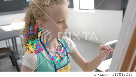 Painting on canvas, girl surrounded by colorful splashes image 117012219