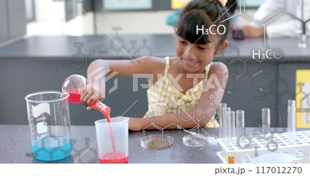 Pouring red liquid into beaker, girl in lab with chemical formulas image 117012270