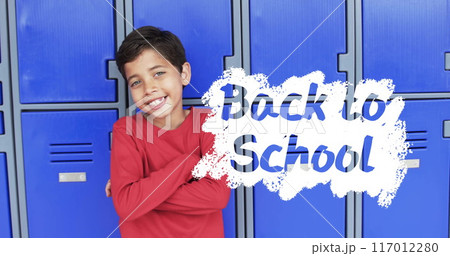 Standing with arms crossed, boy in red shirt over Back to School text, image Standing with arms crossed, boy in red shirt over Back to School text, image 117012280