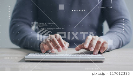 Image of data processing over midsection of biracial man using computer keyboard at desk Image of data processing over midsection of biracial man using computer keyboard at desk 117012356