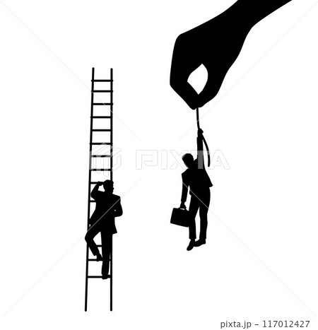 Concept of self-made individuals and those who rise through connections, own efforts vs assistance from networks and family, man climbing ladder and man being pulled up silhouette Concept of self-made individuals and those who rise through connections, own efforts vs assistance from networks and family, man climbing ladder and man being pulled up silhouette 117012427
