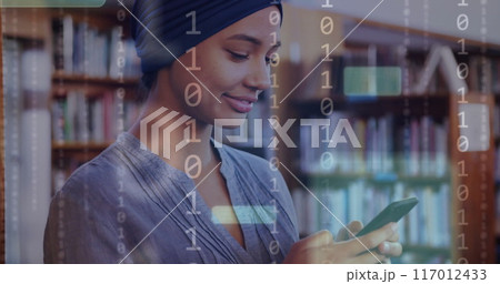 Image of ai text and data over biracial female student in hijab with smartphone 117012433