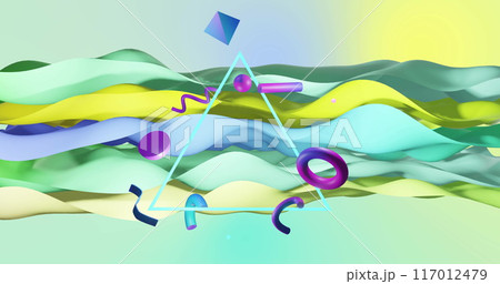Image of abstract shapes moving over waving multi coloured background Image of abstract shapes moving over waving multi coloured background 117012479