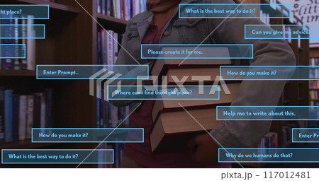 Image of ai text and data over biracial female student in hijab with books 117012481