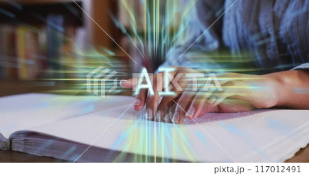 Image of ai text, brain and data over biracial female student with book 117012491