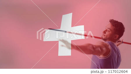 Image of flag of switzerland over caucasian male javelin thrower 117012604