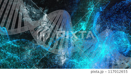 DNA strand and molecular structure image over blue and turquoise background 117012655