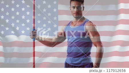 Image of flag of usa over caucasian male javelin thrower Image of flag of usa over caucasian male javelin thrower 117012656