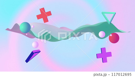 Image of abstract shapes moving over waving multi coloured background Image of abstract shapes moving over waving multi coloured background 117012695