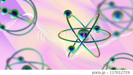 Image of atoms moving over waving multi coloured background 117012729