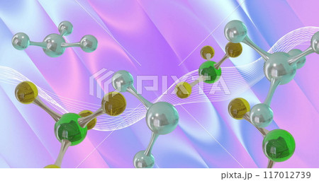 Image of molecules moving over waving multi coloured background Image of molecules moving over waving multi coloured background 117012739