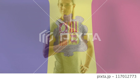 Image of flag of andorra over caucasian female baseball player Image of flag of andorra over caucasian female baseball player 117012773