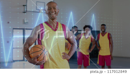 Image of digital data processing over diverse basketball players on court 117012849
